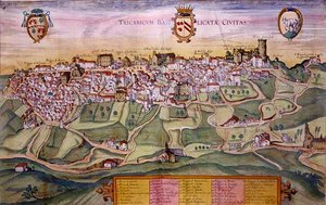 خريطة Tricarico ، من "مدن العالم" بقلم جورج براون (1541-1622) وفرانس هوغنبرغ (1535-90) حوالي 1572-1617 (نقش ملون)