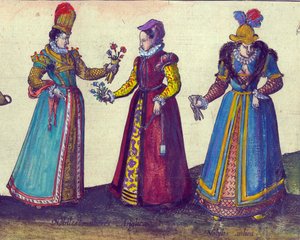 النساء الإنجليز في العصر الإليزابيثي ، 1598 نقش نحاسي ملون يدويًا بتفاصيل 324184 بواسطة جوريس هوفناجل