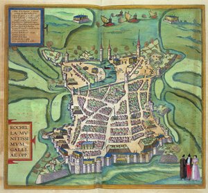 خريطة لاروشيل ، من "Civitates Orbis Terrarum" لجورج براون (1541-1622) و فرانس هوجينبرغ ، c.1572 (نقش الألوان)
