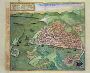 خريطة مرسيليا ، من "Civitates Orbis Terrarum" لجورج براون (1541-1622) و فرانس هوجينبرغ (1535-90) ، c.1572 (نقش الألوان)