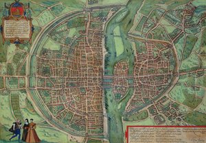 خريطة باريس ، من "Civitates Orbis Terrarum" لجورج براون (1541-1622) و فرانس هوجينبرغ (1535-90) ، c.1572 (نقش الألوان)