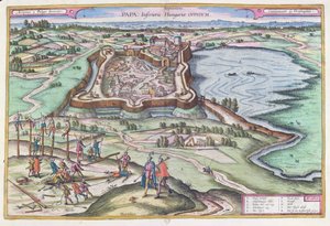 حصن بابا المجري في وقت الحصار العثماني ، من "مسرح المسرح موند" لجورج براون (1541-1622) المنشور في كولونيا 1572-1618 ، 1617 بواسطة جوريس هوفناجل