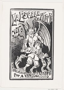 شيطان يحمل صبيًا صغيرًا من كتفيه فوق مجموعة من النسور ، صورة توضيحية ... ، كاليفورنيا. 1880-1910. بواسطة خوسيه غوادالوبي بوسادا