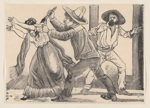 رجل يمسك امرأة من كمها ويطعنها ، من عريض بعنوان `` الرماد ... ، 1891. بواسطة خوسيه غوادالوبي بوسادا