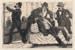 رجل يطعن رجلاً آخر في صدره بينما ينهبه رفاقه متجرًا ، من ... ، كاليفورنيا. 1890-1891. بواسطة خوسيه غوادالوبي بوسادا