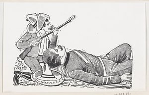 ثوري يحمل بندقية ويركع لحماية ثوري ساقط ، ج ... ، كاليفورنيا. 1880-1910. بواسطة خوسيه غوادالوبي بوسادا