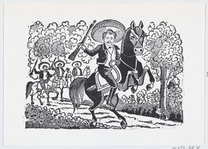 جندي ثوري يمتطي حصانًا يحمل بندقية هيراكليو برنال ، كاليفورنيا. 1880-1910. ، كاليفورنيا. 1880-1910. بواسطة خوسيه غوادالوبي بوسادا