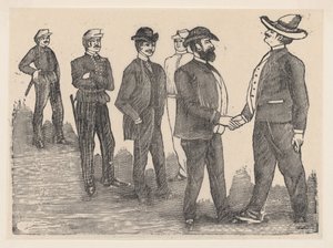 رجلان يتصافحان في المقدمة وضباط يراقبونهما في الخلف ... ، كاليفورنيا. 1880-1910. بواسطة خوسيه غوادالوبي بوسادا