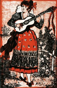 غلاف كتاب أغاني يمثل امرأة مكسيكية مع الغيتار. نقش لخوسيه غوادالوبي بوسادا (1852-1913). نقش بواسطة خوسيه غوادالوبي بوسادا