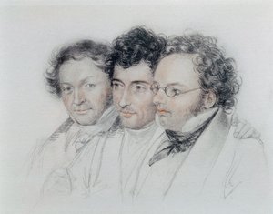 من اليسار إلى اليمين ، أصدقاء المؤلفين الموسيقيين يوهان بابتيست جينجر (1793-1856) ، أنسيلم هوتنبرينر (1794-1868) وفرانز شوبرت (1797-1828) ، باستيل جوزيف تلتشر بواسطة جوزيف إدوارد تالتشر