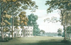 المنزل والحدائق والبحيرة في ستروبيري هيل ، نقش بواسطة جيه سي ستادلر (من 1780 إلى 1812) ، نُشر عام 1793 (نقش ملون) بواسطة جوزيف (بعد) فارينجتون