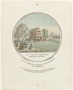 هجوم على جسر Duivendrechtse ، 1787 Action for Gevalle at Duyvendregse bridge buyten Amsterdam / Action arrivée au pont de Duyvendregt hors d'Amsterdam (العنوان على الكائن) اللوحات الفرنسية للهجمات البروسية بالقرب من أمستردام في عام 1787 (عنوان السلسلة) بواسطة جوزيف الكسندر لو كامبيون