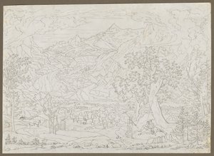 The Grindelwald Glacier with Hunter and Peasant Girl in Foreground، ca. 1823. بواسطة جوزيف انطون كوخ