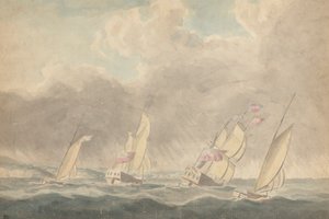طائرتان من طراز Sloops ، أحدهما Barque والآخر Schooner (؟) ، Sterns Forward ، في البحار الثقيلة ؛ عدة سفن شراعية في الخلفية