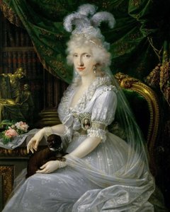 بالألمانية: ماري لويز (لودوفيكا) أميرة نابولي وصقلية (1773-1802)، زوجة فرديناند الثالث ملك توسكانا، جالسة على مائدة، صورة شخصية بطول الركبة للويزا ماريا أميليا تيريزا أميرة نابولي وصقلية (1773-1802)، الدوقة الكبرى قرينة بواسطة جوزيف دورفميستر
