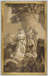 ورق حائط ، لوحة ، تصور Les Amours de Psyche: Psyche على درج منحوت في الصخور ، بألوان رمادية بواسطة لويس لافيت
