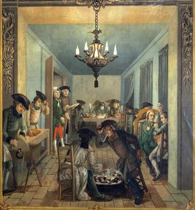 ورشة النقش. يحل الليل ، يقوم الرئيس وأحد أبنائه (؟) بفحص العمل في الورش ، بينما يقوم عاملان بتسخين نفسيهما في الموقد. إلى اليسار ، يشحذ نقاش أدواته على عجلة مصبوبة بدواسة. آخر هو تحضير النقش