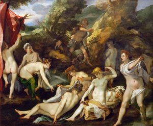 الباروك: Diane et Acteon - Diana and Actaeon par Heintz، Joseph، the Elder (1564-1609)، حوالي 1595. زيت على النحاس ، 40x49. متحف تاريخ الفن ، فيين