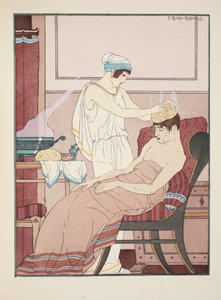 يتم وضع إسفنجة مبللة بالماء الساخن على الرأس ، توضيح من "أعمال أبقراط" ، 1934 بواسطة جوزيف كون ريجنير