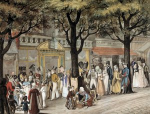 المشي في شارع في باريس في عام 1819 بالألوان المائية لجوزيف لويس بيلانج (1800-1866) 1819 باريس ، متحف كارنافالي