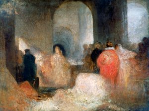 عشاء في غرفة كبيرة مع شخصيات في زي ، c1830-1835 بواسطة جوزيف مالورد وليام تورنر
