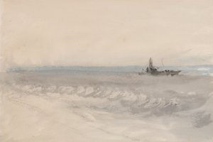 البحر الرمادي ، قارب يجري على الشاطئ ، حوالي 1845-50 (ألوان مائية على ورق) بواسطة جوزيف مالورد وليام تورنر