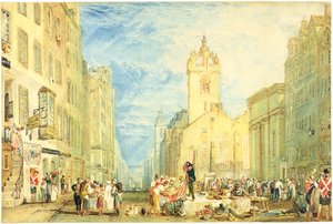 هاي ستريت ، إدنبرة ، حوالي عام 1818 (ألوان مائية وقلم حبر وجرافيت وخدش على ورق منسوج) بواسطة جوزيف مالورد وليام تورنر