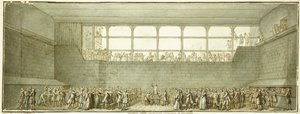 قسم ملعب التنس ، حوالي عام 1789 (طباشير أسود وقلم وحبر بني مع طلاء رمادي) بواسطة جوزيف ماري فلويست