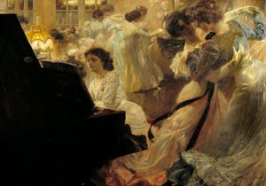 Belle epoque: "الكرة البيضاء" أمسية شابة ترتدي ملابس رقص بيضاء وتعزف على البيانو لجوزيف ماريوس آفي (1871-1939) 1903