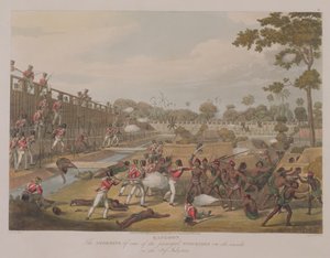 رانغون: اقتحام إحدى الأسهم الرئيسية في 8 يوليو 1824 ، اللوحة 15 من "رانغون فيوز" ، منقوشة بواسطة جورج هانت ، 1825 (أكواتينت) بواسطة جوزيف مور