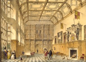 القاعة الكبرى ، هاتفيلد ، بيركشاير ، 1600 ، رسم توضيحي من "هندسة العصور الوسطى" ، 1838 بواسطة جوزيف ناش