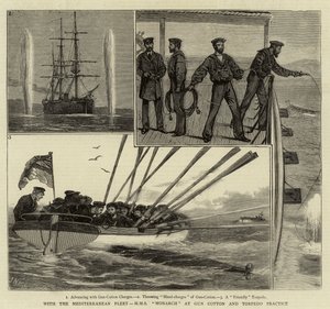 مع أسطول البحر الأبيض المتوسط ، HMS Monarch at Gun Cotton and Torpedo Practice