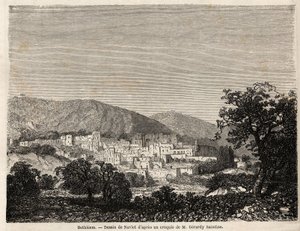 منظر لبيت لحم ، رسم جوزيف نافليت (1821-1889) ، لتوضيح رحلة السيد بيدا إلى فلسطين عام 1856. نقش في "" Le tour du monde، nouveau journal des voyages "" باريس