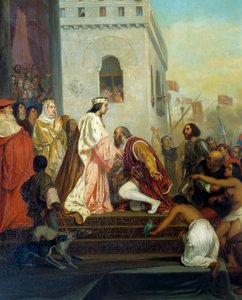 Reception of Christopher Columbus (1451-1506) by the kings of Spain Ferdinand II of Aragon and Isabella 1st of Castile (called the Catholic) in Barcelona in 1493 The explorer returns with captive Indians. Detail. Painting by Joseph Nicolas Robert Fleury (1