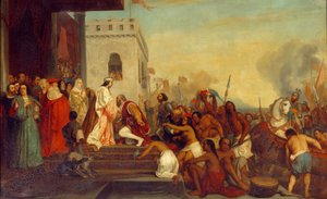 استقبال كريستوفر كولومبوس (1451-1506) من قبل ملوك إسبانيا فرديناند الثاني ملك أراغون وإيزابيلا الأولى من قشتالة (تسمى الكاثوليكية) في برشلونة عام 1493 ، وعاد المستكشف مع الهنود الأسرى. لوحة جوزيف نيكولاس روبرت فلوري (1797-1890