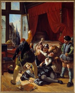 حرب الدين: "" Scene de la Saint Barthelemy ، اغتيال بريو ، حاكم أمير كونتي ، 24/08/1572 "لوحة لجوزيف نيكولاس روبرت فلوري (1797-1890) 1833 صن. 1،64x1،3 م