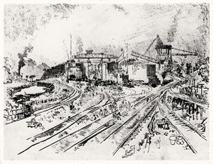 بناء Miraflores Lock ، اللوحة XXI من قناة بنما لجوزيف بينيل ، 1912 (فحم على ورق) بواسطة جوزيف بينيل