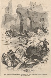 عمال يسحبون الخزائن من تحت الأنقاض ، رسم توضيحي من صحيفة فرانك ليزليز المصورة ، 1871 بواسطة جوزيف بعد بيكر