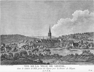 منظر لبلدة ليستال في كانتون بازل ، مأخوذ من مزرعة عنب على نهر إرغولز. بواسطة جوزيف دي لونجويل