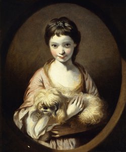 صورة ملكة جمال إميليا فانسيتارت ، نصف طول ، مرتدية فستان وردي وأبيض يحمل كلبًا ، c.1767-68 بواسطة جوشوا رينولدز