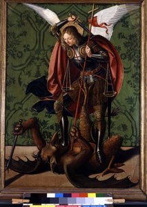 عكس مذبح: القديس ميشيل يهزم الشيطان. لوحة رسمها Josse Lieferinxe ، نشطت بين 1493-1508 بواسطة Josse (fl. 1493 1508) فأس التسليم