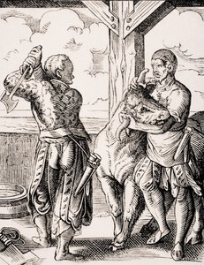 الجزار ومساعده ، استنساخ لنقش من القرن السادس عشر لجوست عمان (1539-1591) من "Le Moyen Age et La Renaissance" بقلم بول لاكروا (1806-1884) نُشر عام 1847 (ليثو) بواسطة جوست (بعد) عمان