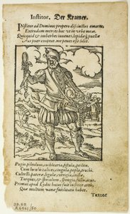 دير كرامر (البائع المتجول) من De omnibus illiberalibus sive mechanicis artibus بقلم هارتمان شوببر ، اللوحة 50 من نقوش خشبية من كتب القرن السادس عشر بواسطة جوست عمان