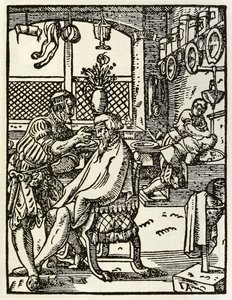 الحلاقون من سلسلة تصور المهن والحرف التي نُشرت لأول مرة في Das Ständebuch 1568 في فرانكفورت ، ألمانيا