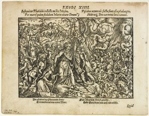 ممر البحر الأحمر (وجه الصفحة) ودفن يعقوب (ظهر) من تمثال Neuwe Biblische Figuren ، اللوحة 48 من نقوش خشبية من كتب القرن السادس عشر بواسطة جوست عمان