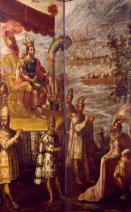مونتيزوما، تفاصيل من اللقاء بين كورتيس ومونتزوما، شاشة منسوبة إلى خوان كوريا (1645-1716)، زيت على قماش، 250x600 سم بواسطة خوان كوريا