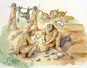 غلاستون. أشباه البشر والضباع، العصر الحجري القديم الأوسط إلى العصر الحجري القديم الأعلى (30000 قبل الميلاد)، 2001 (لوحة مائية على ورق)