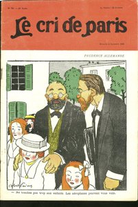 رسم إيضاحي من Abel Faivre (1867-1945) لغلاف Le Cri de Paris ، 04/09/10 - "" لا تلمس الكثير من الأطفال ، يمكن للطائرات رؤيتك. "" - ألمانيا بروسيا ، طيران بواسطة جول هابيل فافر