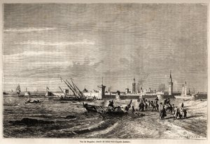 منظر للصويرة (موغادور سابقاً) رسمه جول نويل (1810-1881) لتوضيح السيد ف. رحلة شيكلر إلى المغرب عام 1860. نقش في "" حول العالم ، مجلة سفر جديدة "" باريس بواسطة جول أخيل نويل