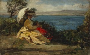 امرأة تحمل مظلة، خليج دوارنينيز، بين عامي 1870 و1875 (زيت على قماش) بواسطة Jules Breton